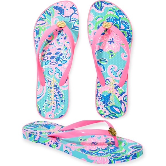 LILLY PULITZER Flip Flop Blue Horizon Jungle Sunrise Pool Shoe Sandal NWT - Picture 1 of 8